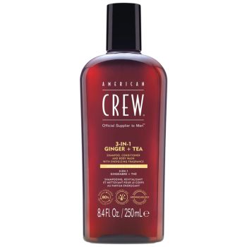 AMERICAN CREW 3IN1 GINGER+TEA plaukų šampūnas, kondicionierius ir kūno prausiklis, 250 ml