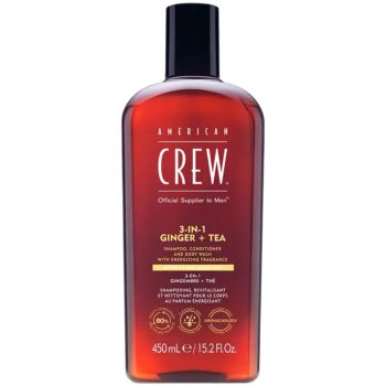 AMERICAN CREW 3IN1 GINGER+TEA plaukų šampūnas, kondicionierius ir kūno prausiklis, 450 ml